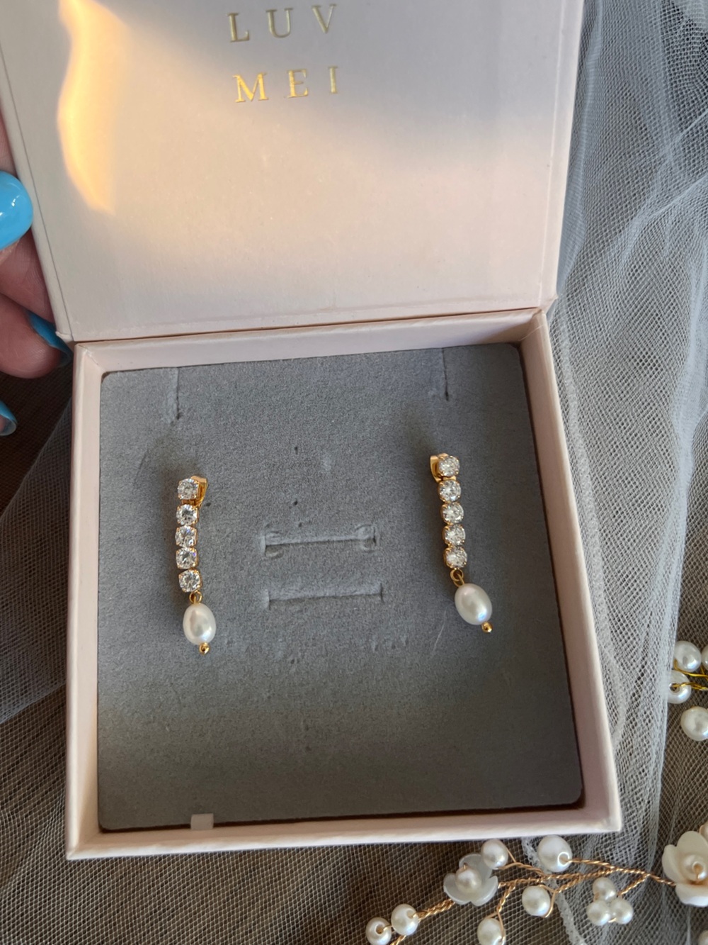 Gold Pearl Drop Earrings with Crystals